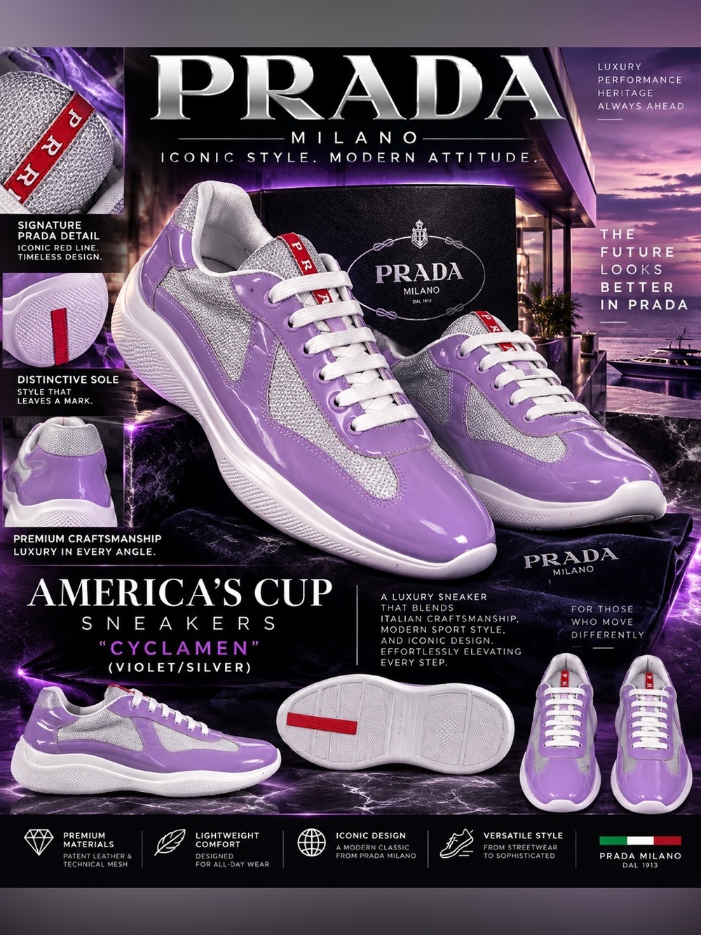 Prada America's Cup sneakers, a luxury sneaker in Cyclamen (Violet/Silver)🔥New!